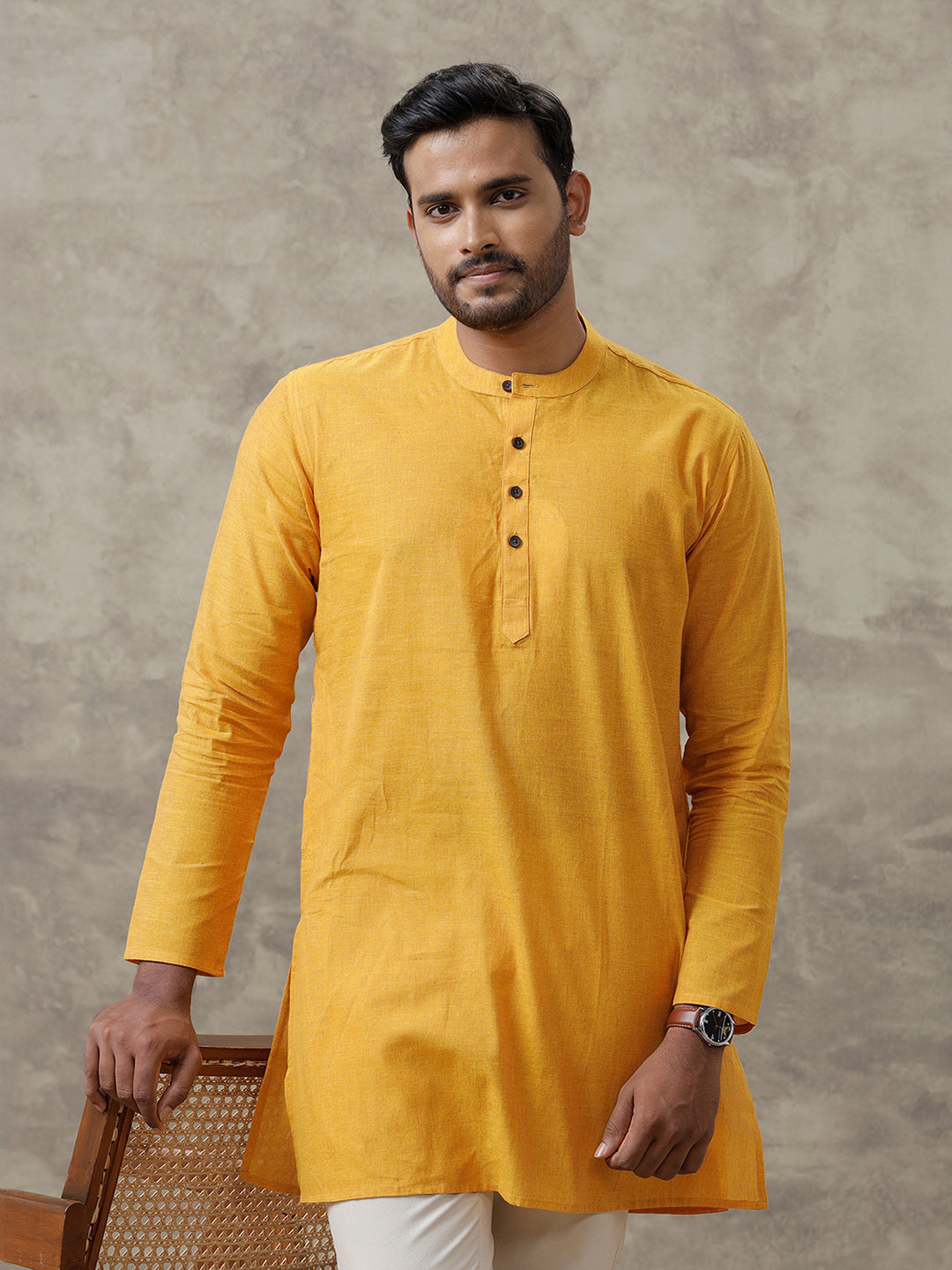 Men Cotton Medium Length Plain Pocket Kurta Chrome Yellow Y22