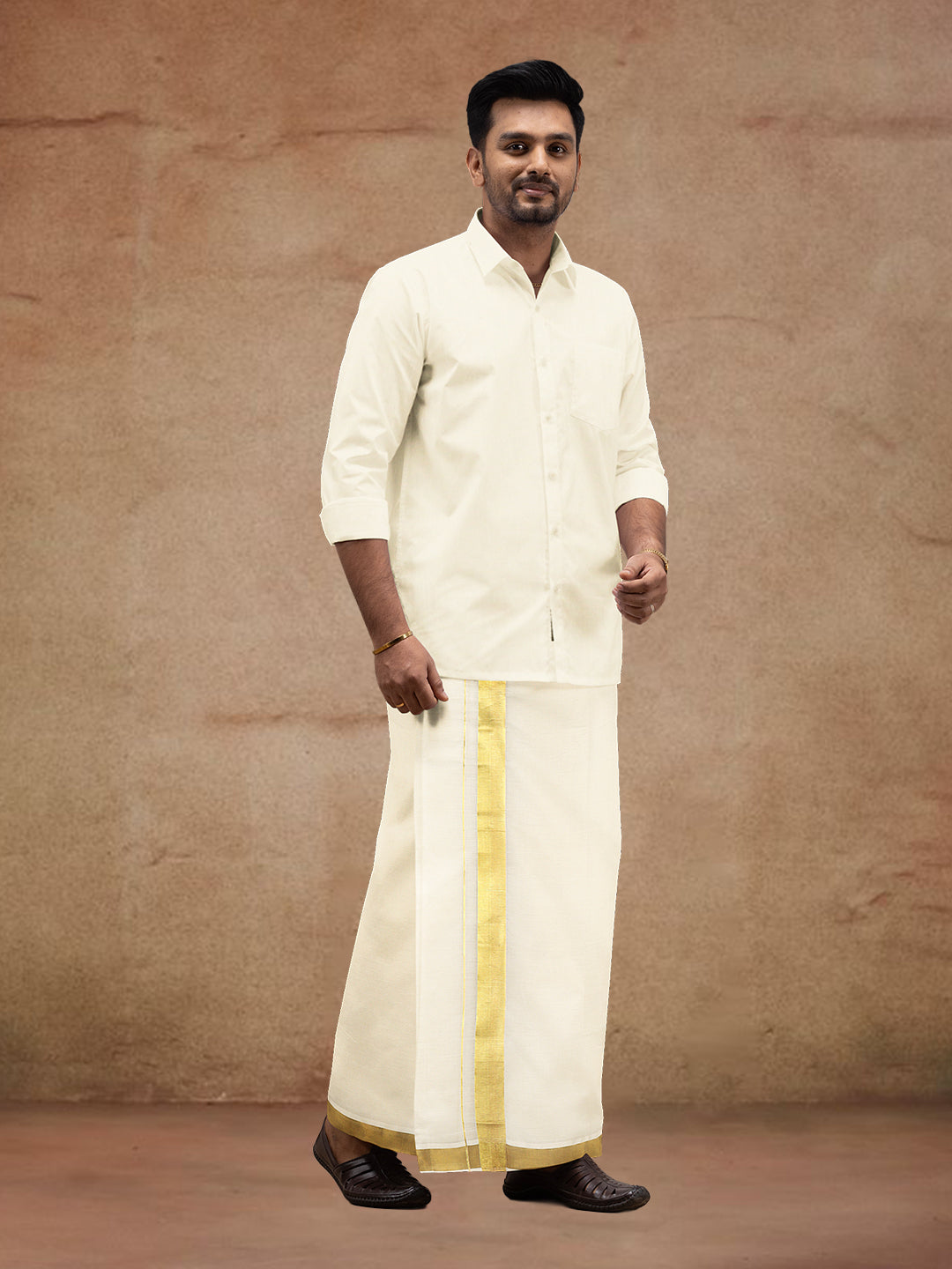 Men Kora Cotton Double Layer Dhoti with Double Side Fancy Jari Border PR15