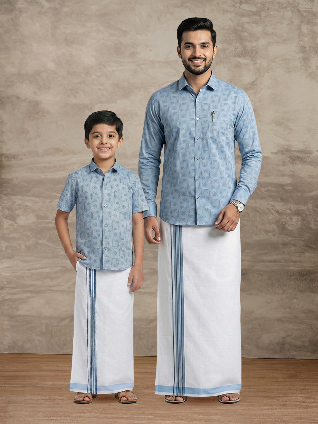 Like Father Like Son Matching Border Dhoti with Printed Shirt Combo Set Light Blue PS23