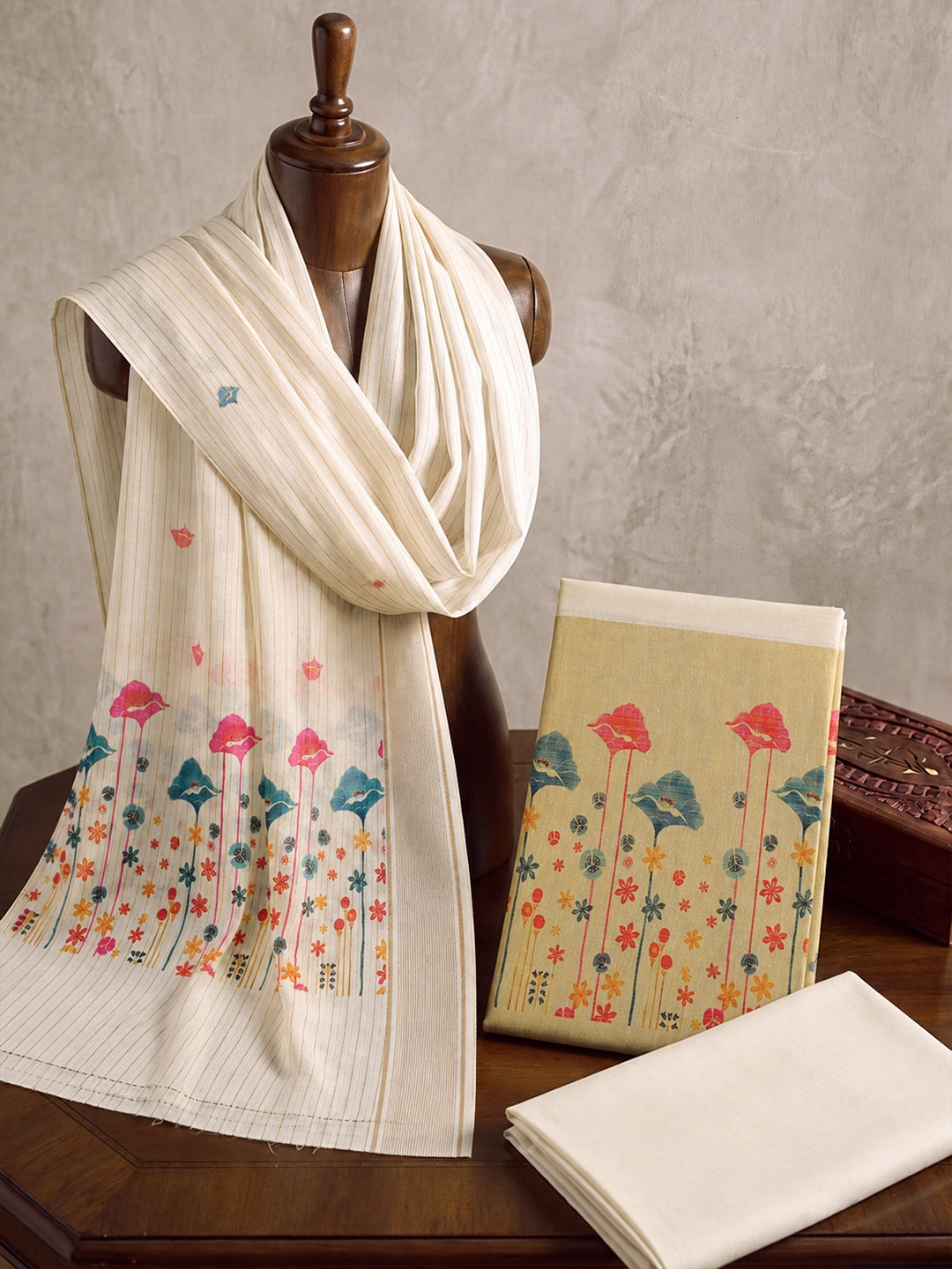 Women Tissue Cream Printed Dress Material DM376