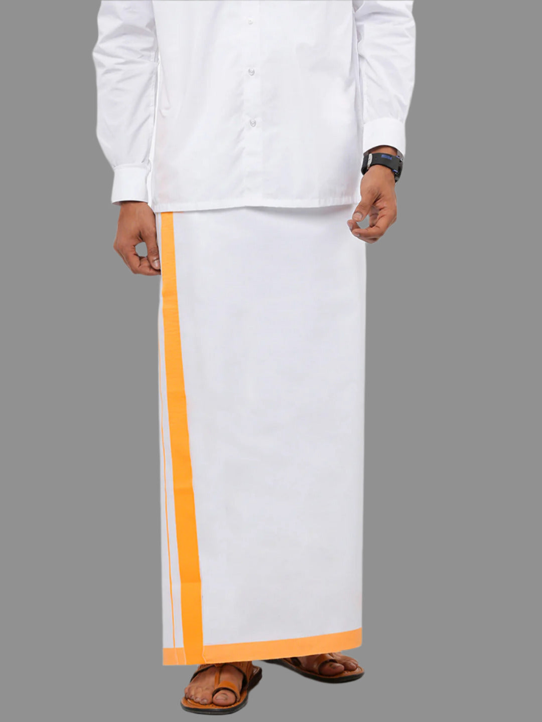 Mens White Double Dhoti with Yellow Border Redfort Special
