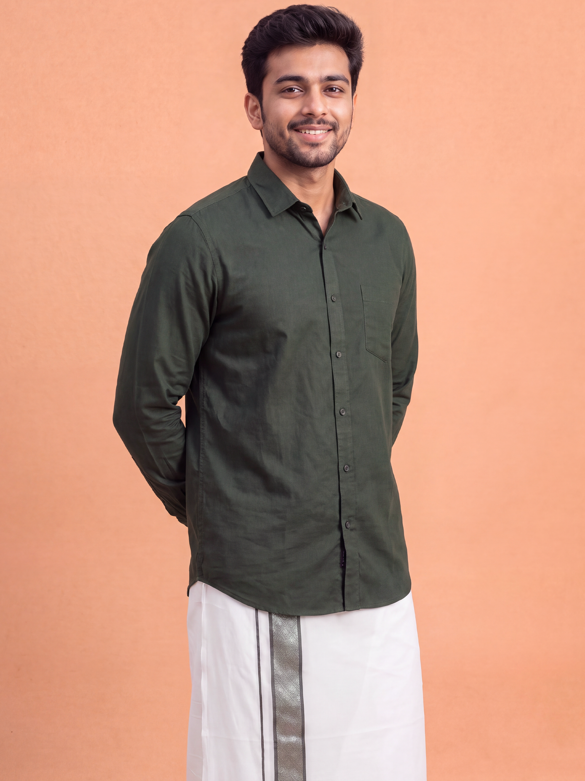100% Cotton Dark Green Shirt and Colour Jari Border Dhoti Set BT10