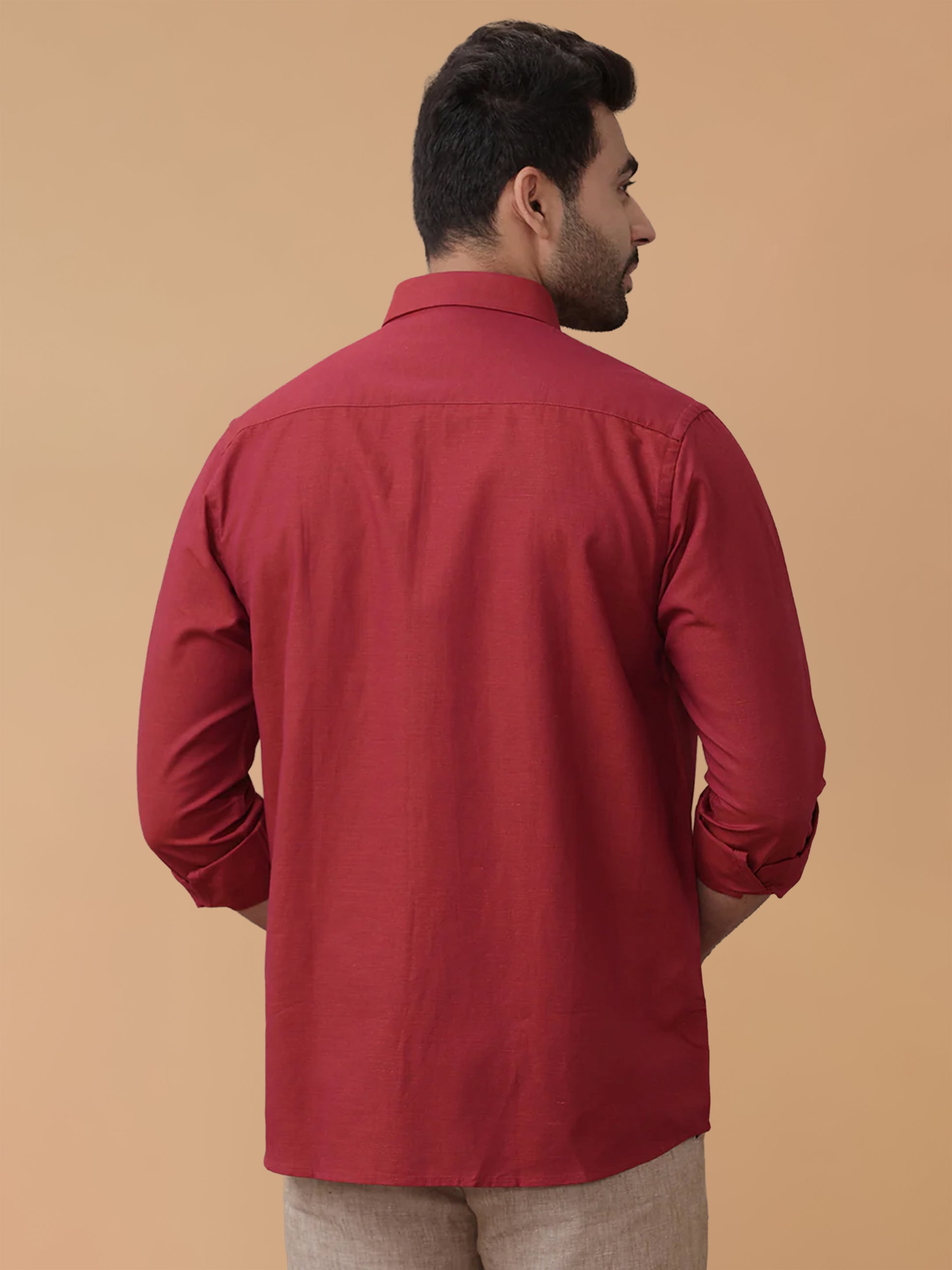 Linen Cotton Brick Red Regular Fit Shirt LF20