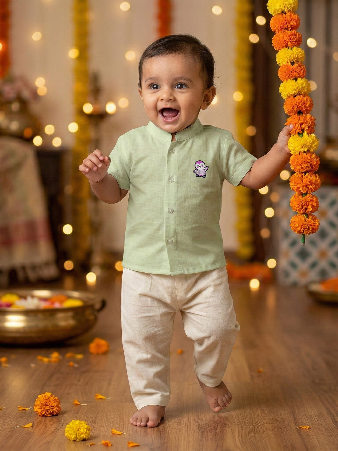 Born Baby Shirt with Pant and Panchakacham Set Pista Green G62