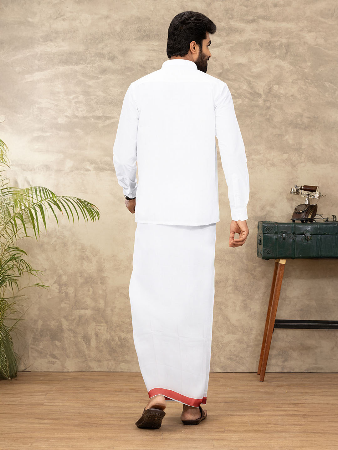 Men Cotton Blend Single Layer White Dhoti with Double Side Fancy Border HM 08