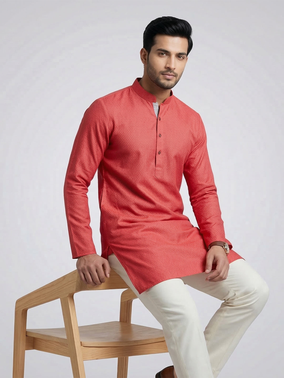 Men Cotton Medium Length Printed Pocket Kurta Reddish Pink MHJ3