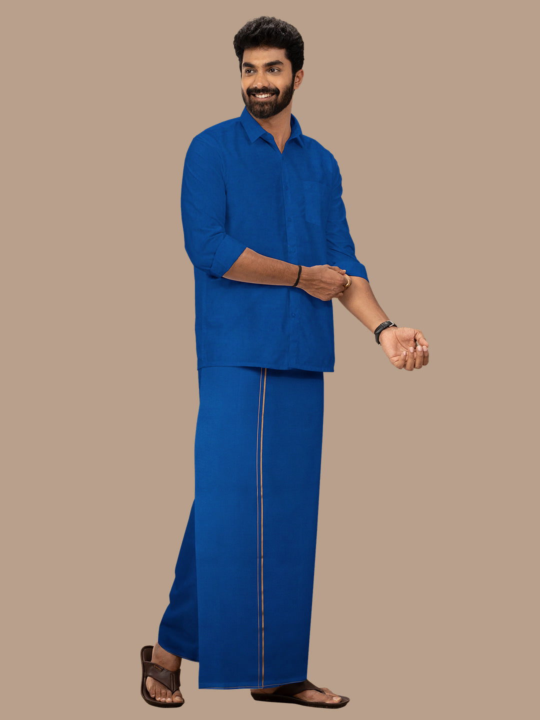 Men 100% Cotton Single Layer Blue Dhoti with Assorted Border Poojan SB
