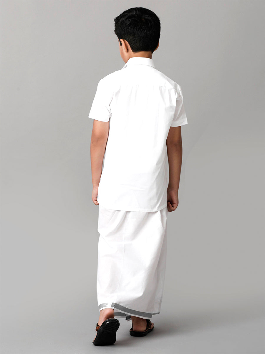 Boys Readymade  Single Layer White Dhoti With Silver Jari Border
