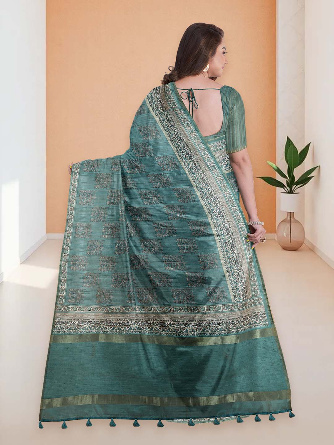 Women Jungle Green Semi Tussar Printed Saree ST294