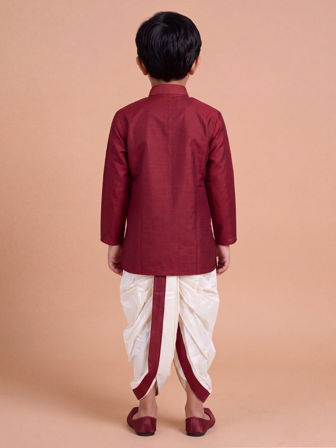 Boys Slub Cotton Full Sleeves Maroon Kurta with Panchakacham Combo Set SL6