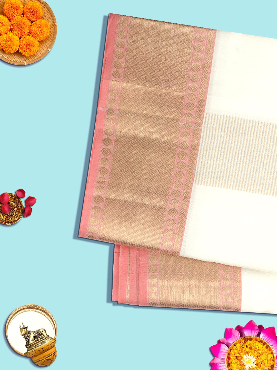 ens Premium Pure Silk Cream Dhoti With Angavastram,Pink gold Fancy Jari Border Amirtham-View two