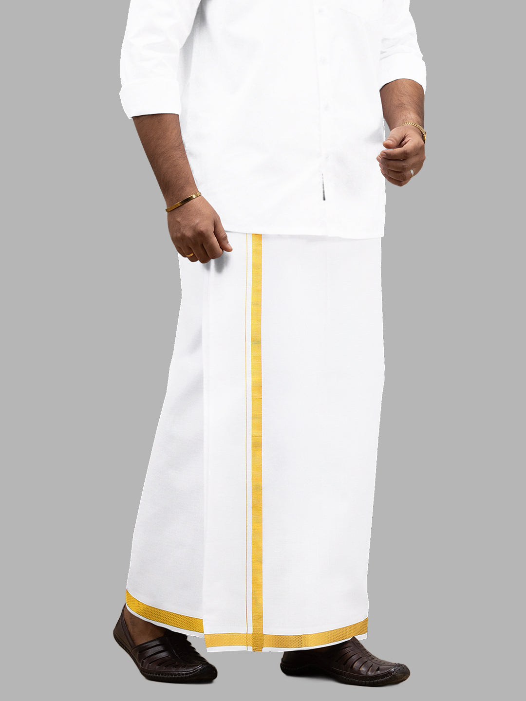 Men Cotton Blend Single Layer White Dhoti with Double Side Fancy Jari Border GP04