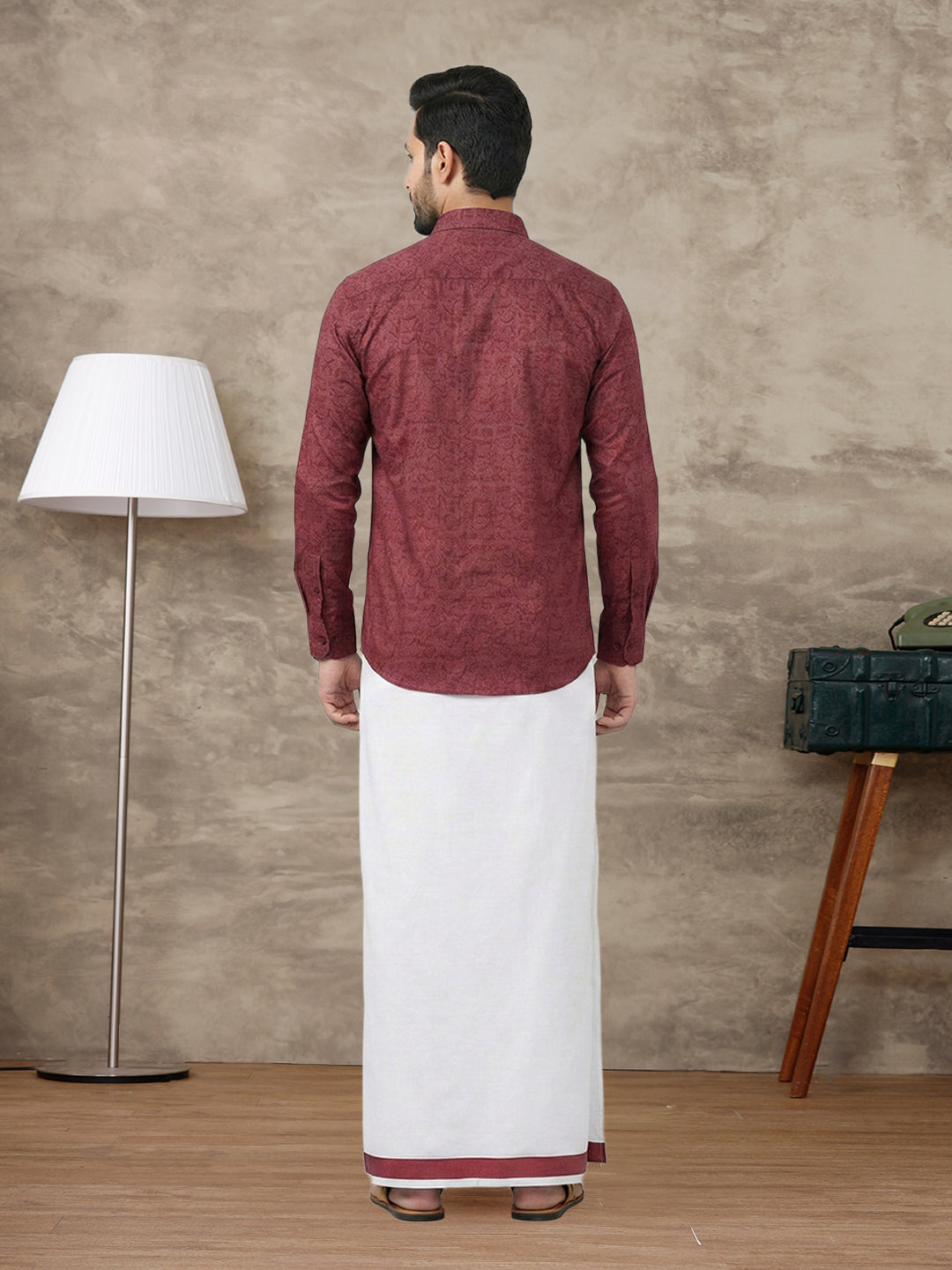 Men Deep Red Matching Border Dhoti With Printed Shirt Set Fusion PS22