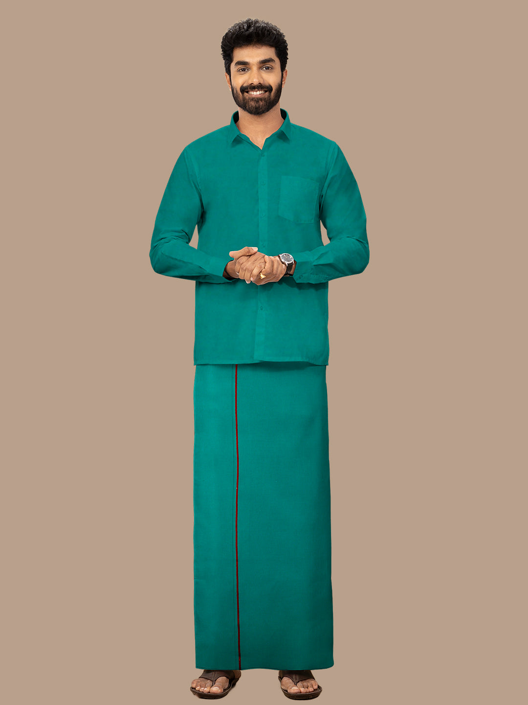 Men 100% Cotton Single Layer Green Dhoti with Assorted Border Poojan SB