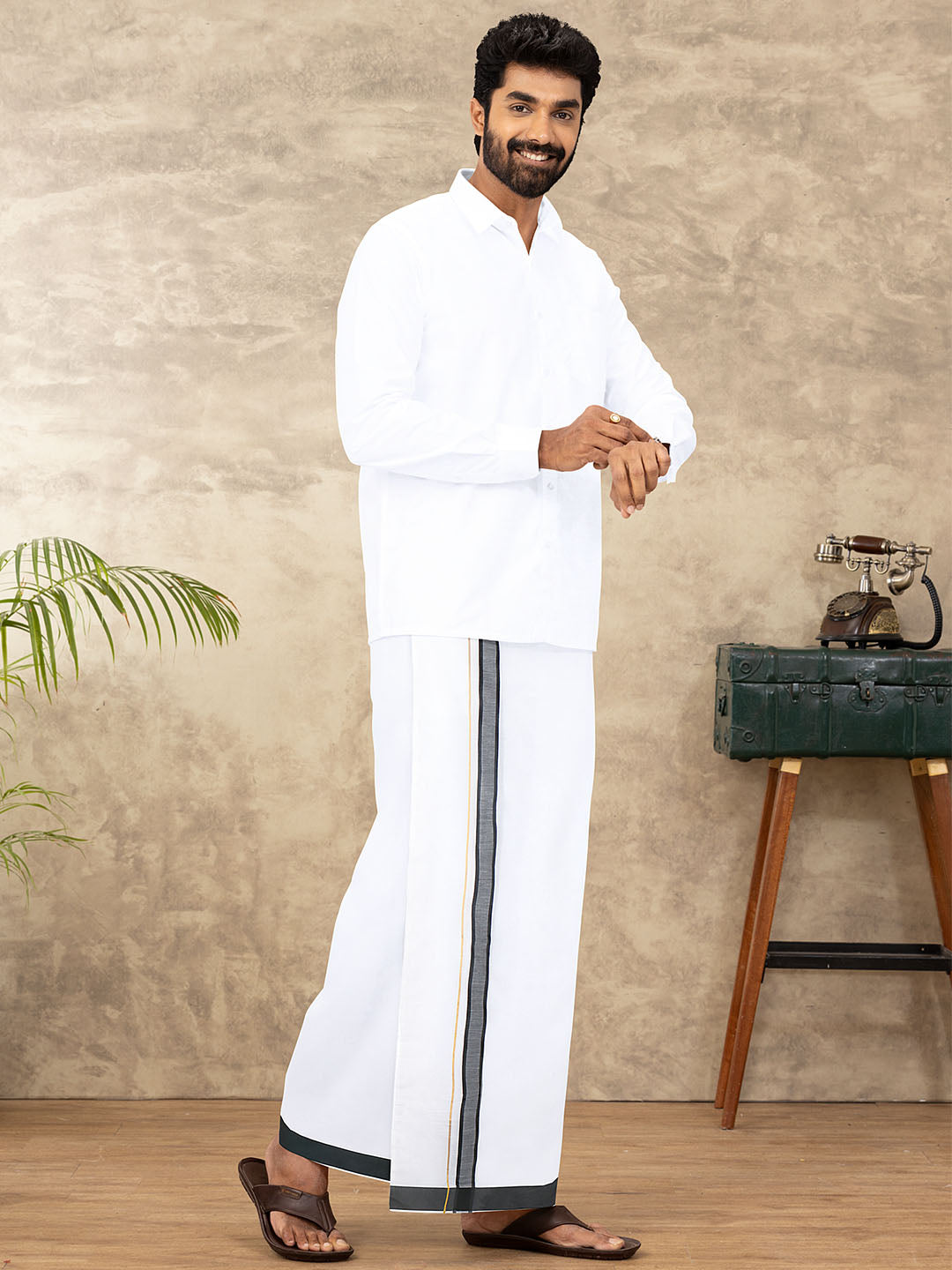 Men Cotton Blend Readymade Double Layer White Dhoti with Fancy Jari Border GFDA04