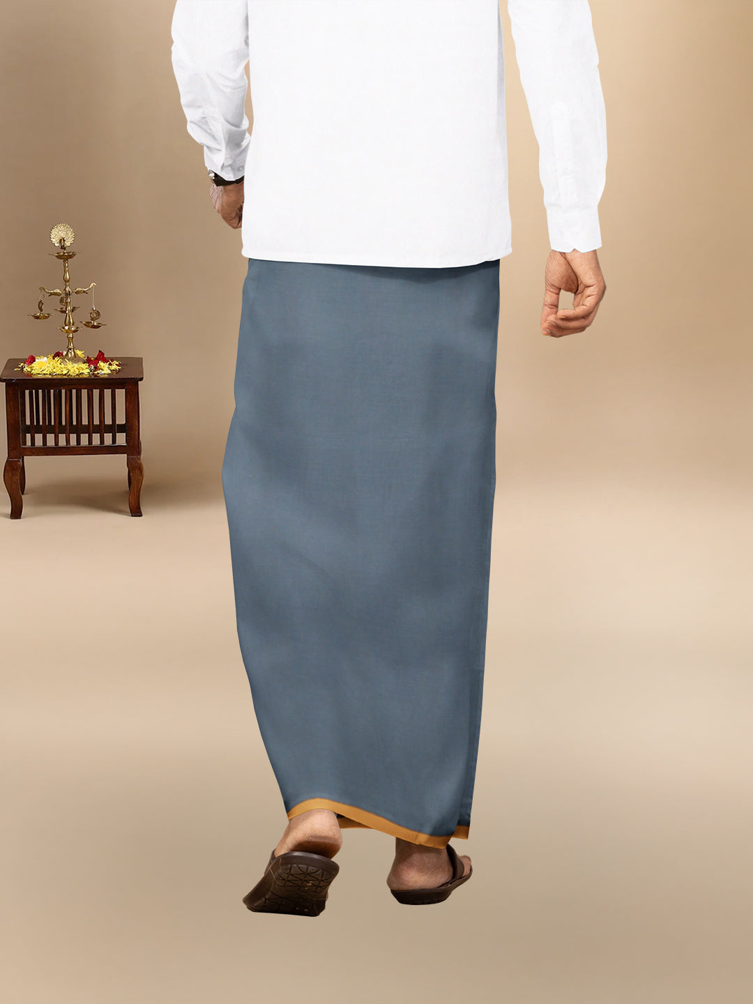 Men 100% Cotton Single Layer Steel Grey Dhoti with Big Border Poojan