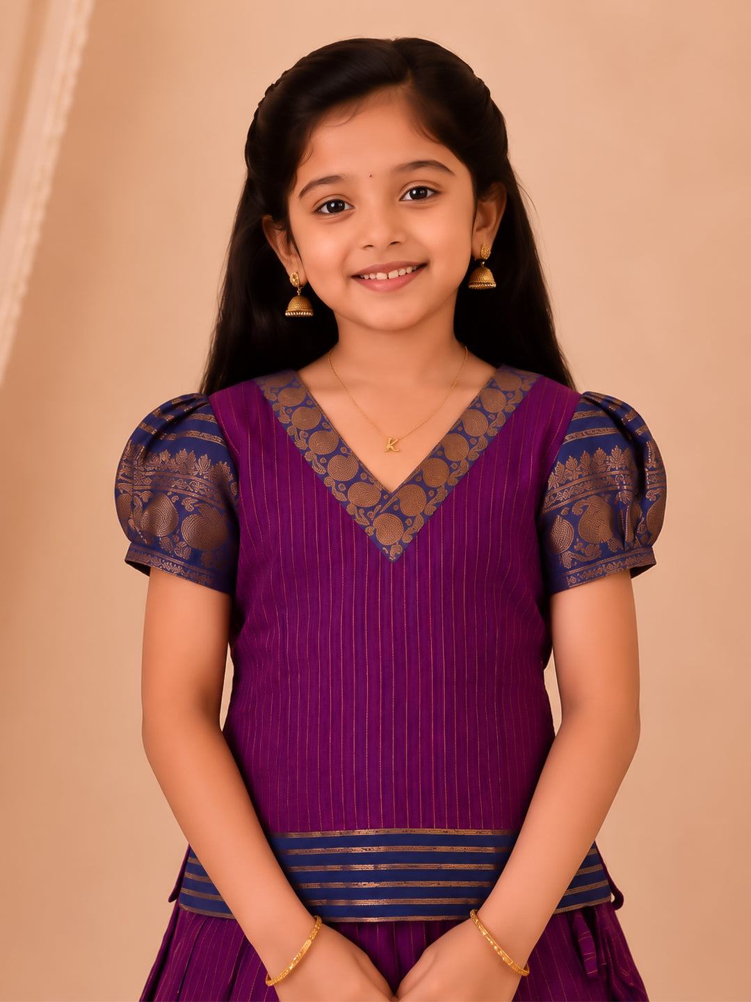 Girls Cotton Purple Pattu Pavadai Set GPS56