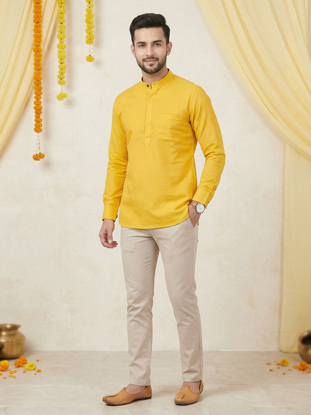 Cotton Short Length Self Design Pocket Kurta Dotted Yellow Y32