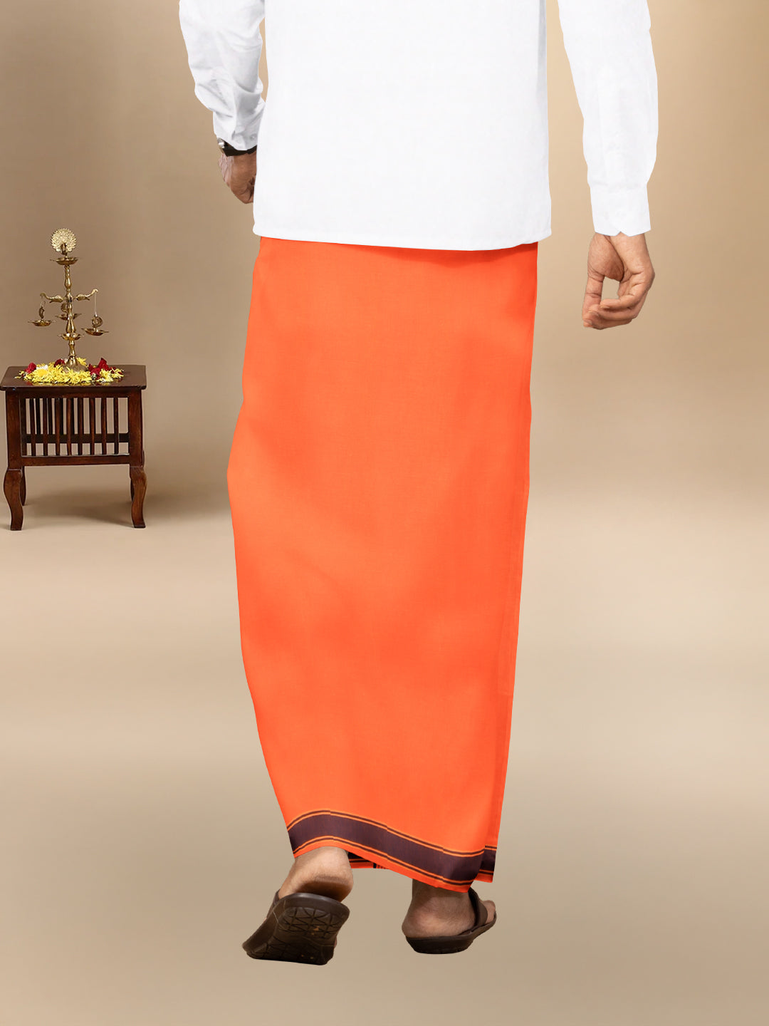 Men Cotton Blend Single Layer Orange Dhoti with Fancy Border Charming Line 16