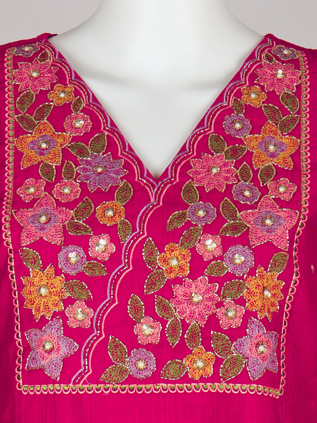 Women Silky Crush Embroidered Kurti Set Pink EKS85