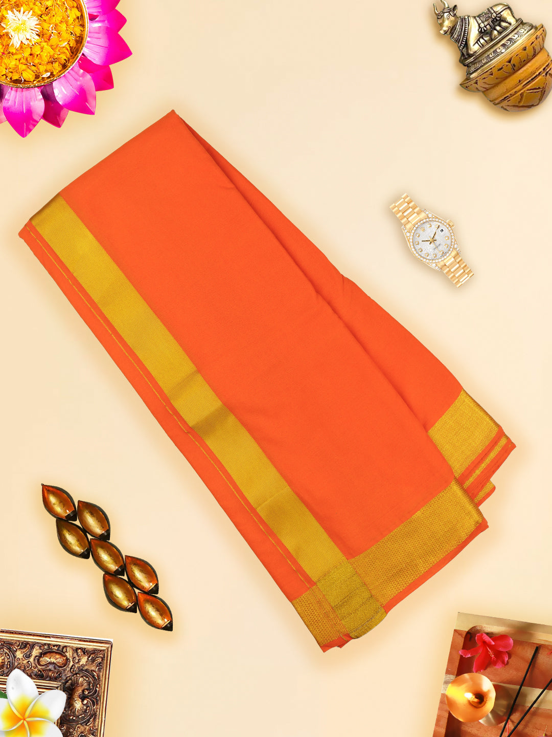 Mens Panchakacham Dhoti with Angavasthram Dheeksha Orange (9+5)-View three