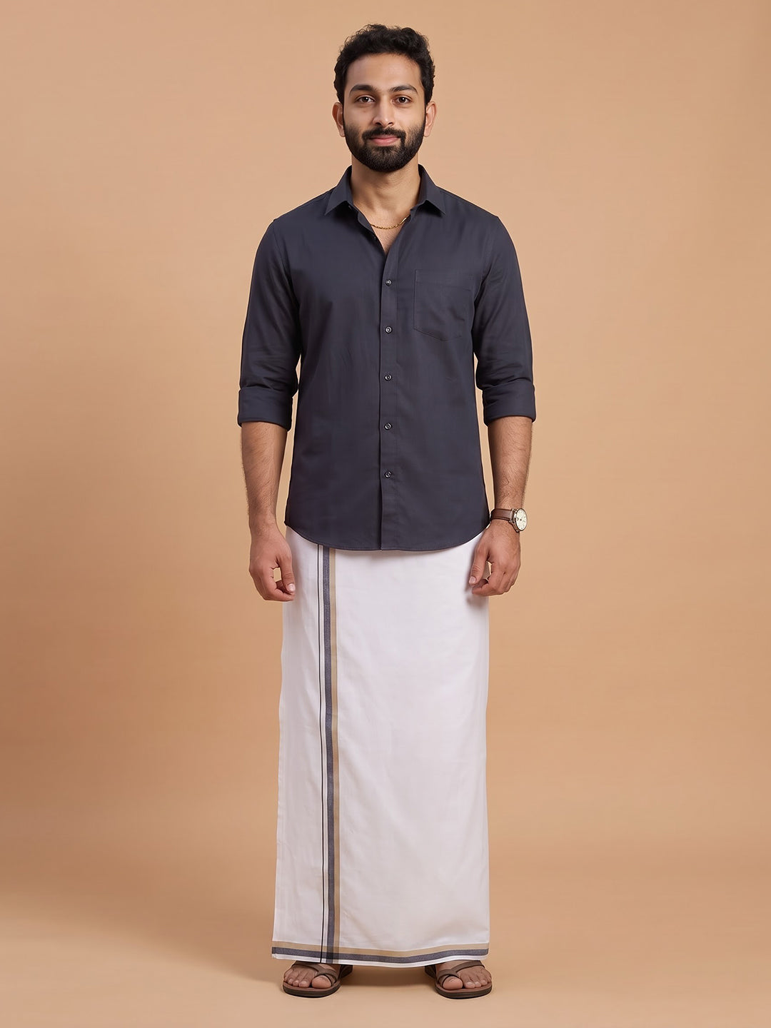 Double Layer 100% Cotton White Dhoti with Fancy Border - UF01