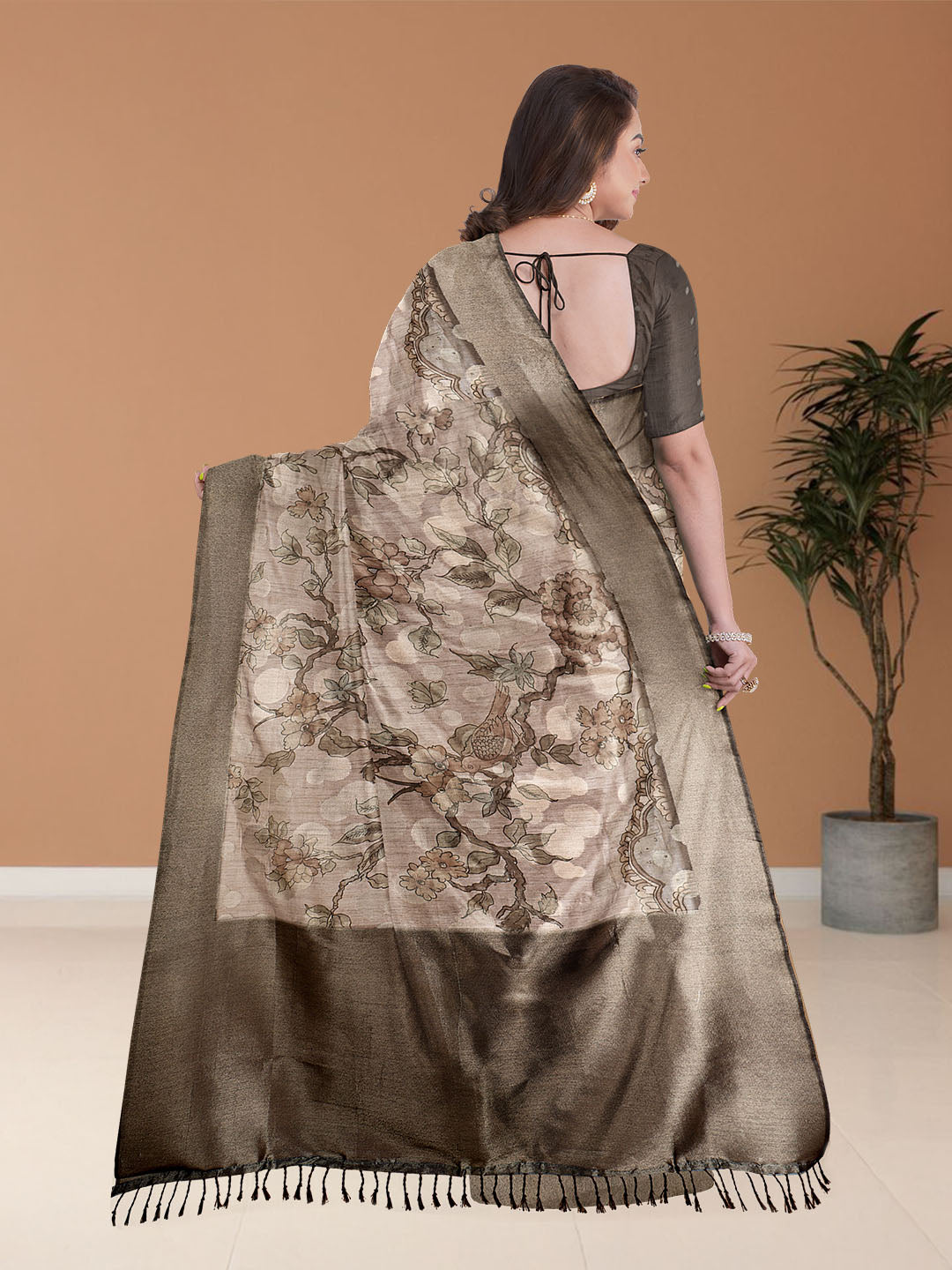 Women Light Brown Semi Tussar Printed Saree ST262