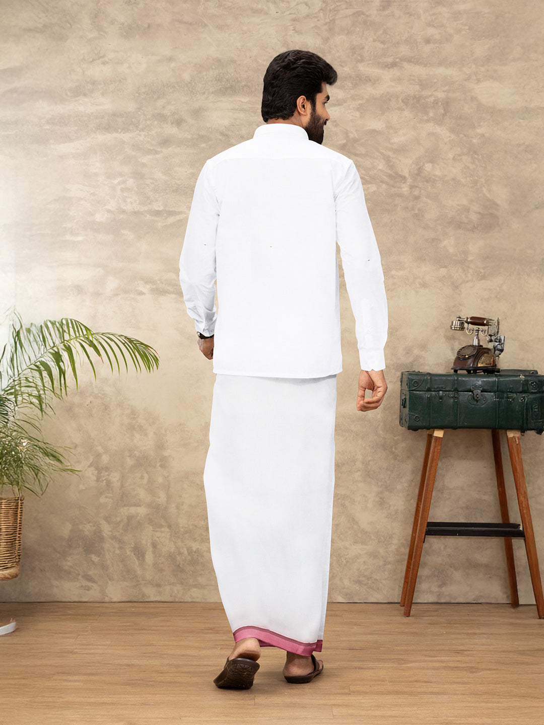 Men 100% Cotton Double Layer White Dhoti with Fancy Border RVS08