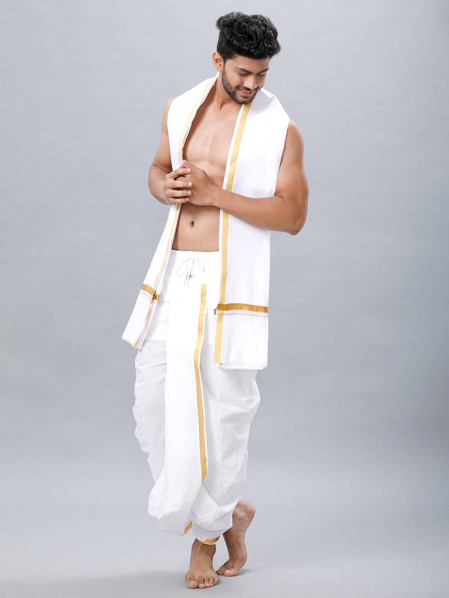 Men's Readymade White Panchakacham & Angavastram with Gold Jari Border Prakaspathi