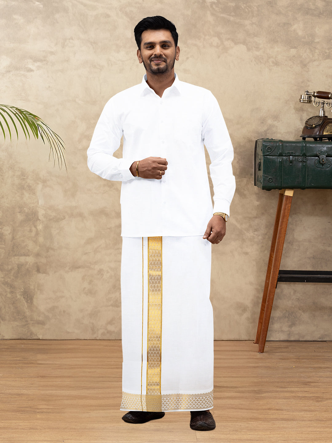 Men 100% Cotton Single Layer White Dhoti with Gold Jari Border Aura 363