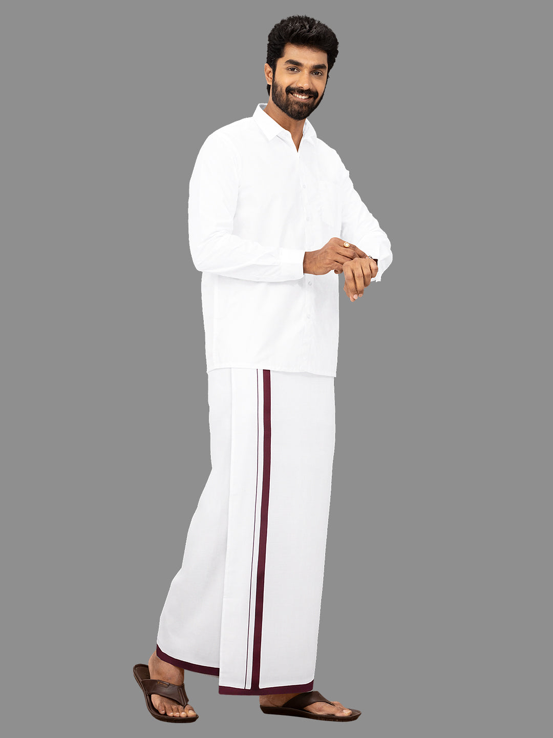 Men 100% Cotton Single Layer White Dhoti with Assorted Border Gold Star Sattin Fine