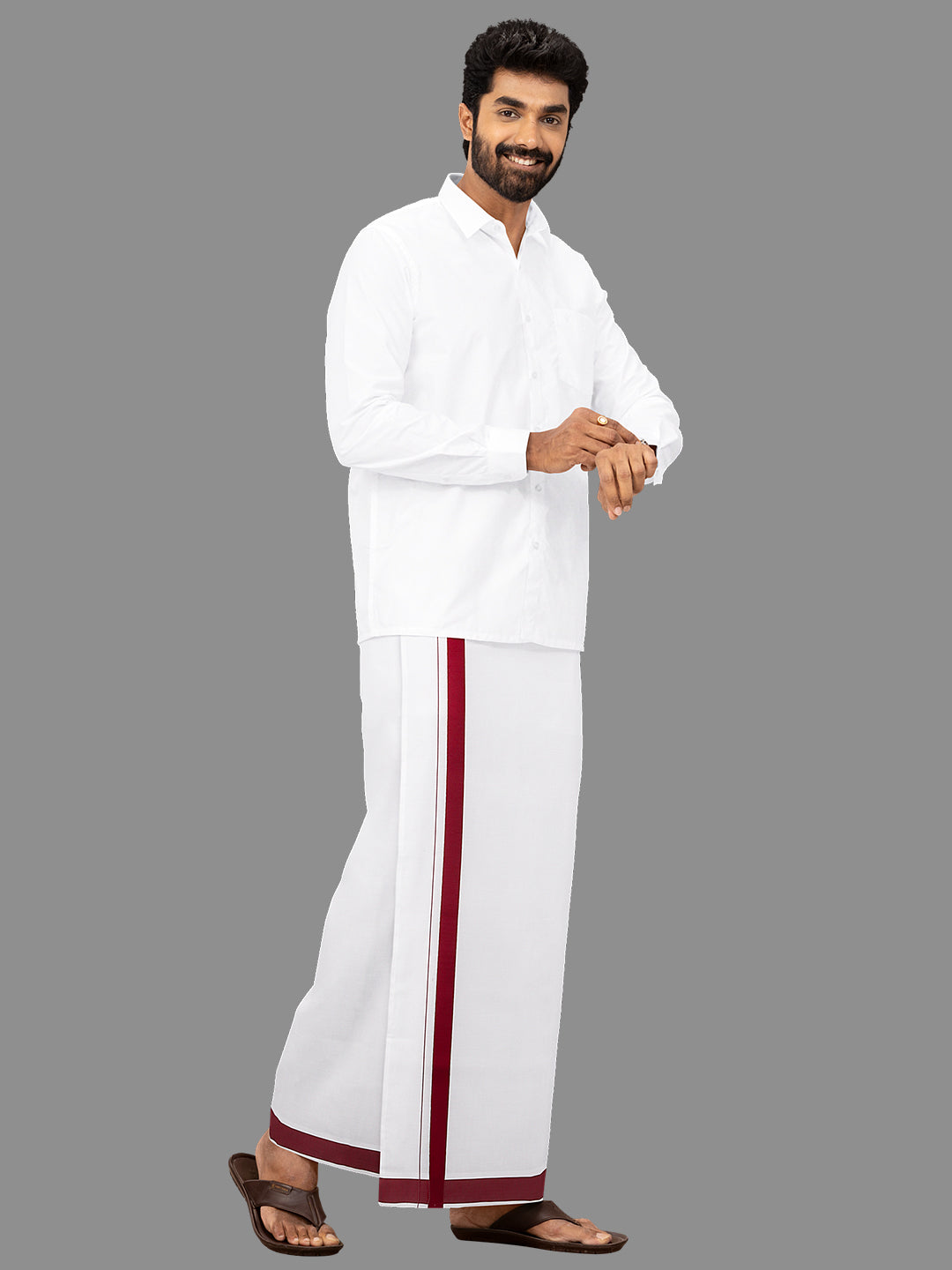Men Cotton Blend Single Layer White Dhoti with Big Border WS03