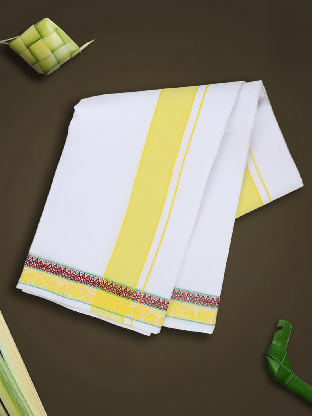 Men Cotton Yellow Fancy Border Panchakacham with Angavasthram (9+5) JD06