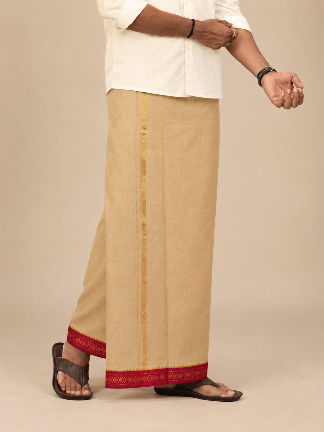 Double Layer 100% Cotton Light Kaaki Dhoti with Mayilkhan Border - Sudharsan 4m