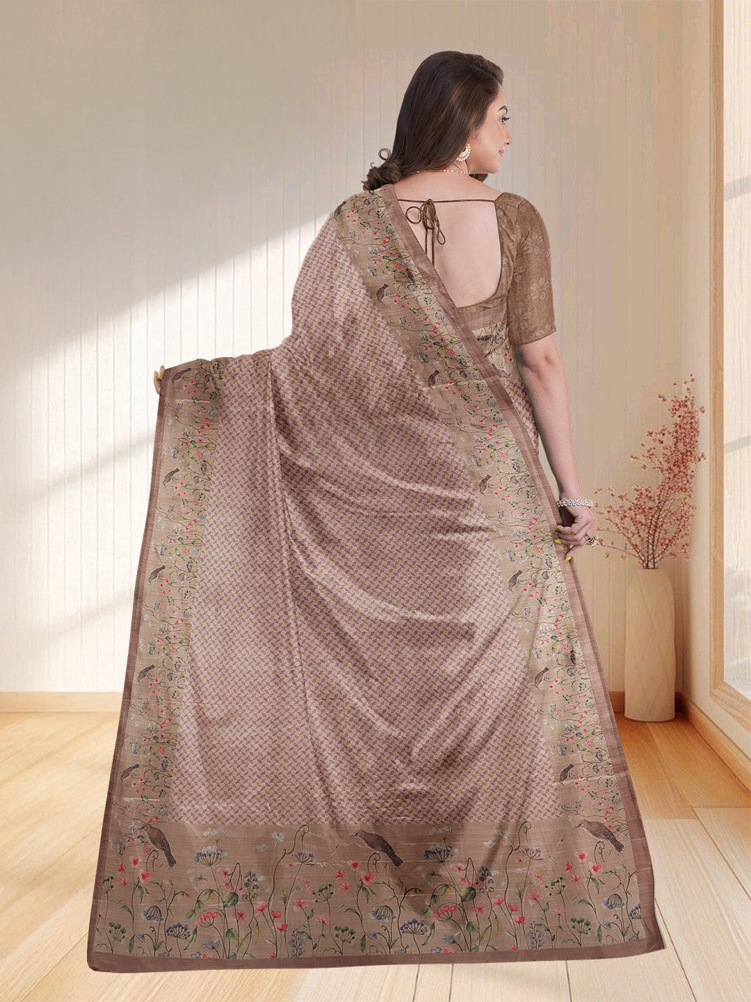 Women Peach Semi Tussar Printed Saree ST252