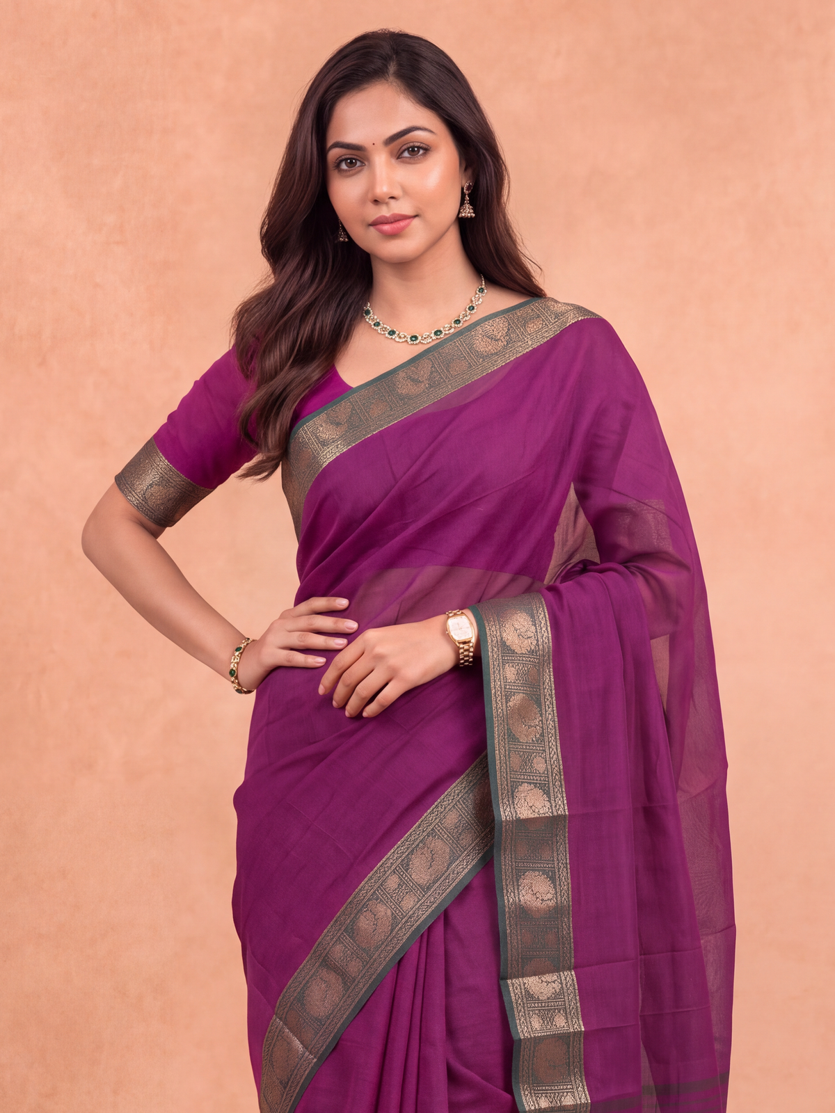 Women Chettinad Cotton Dark Violet Saree CCS23