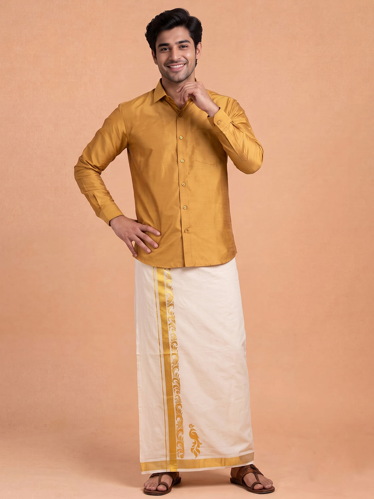 Double Layer Cotton Cream Kora Dhoti With Gold Jari Border - HF Gold HFG10