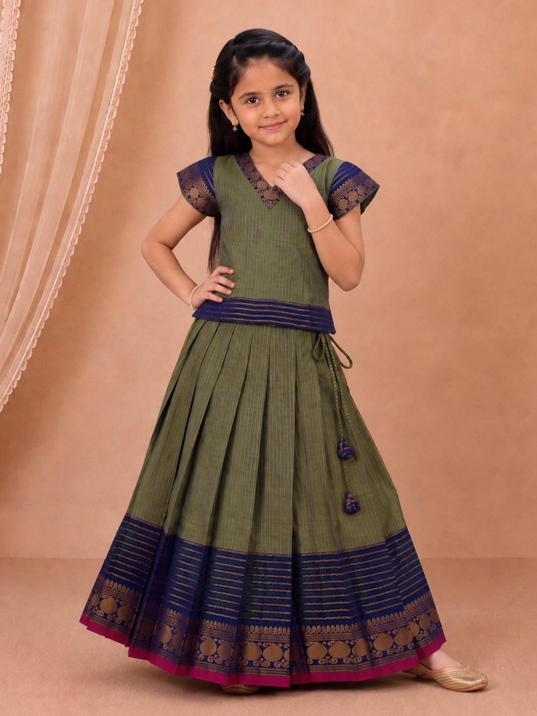 Girls Cotton Green with Blue Pattu Pavadai Set GPS54