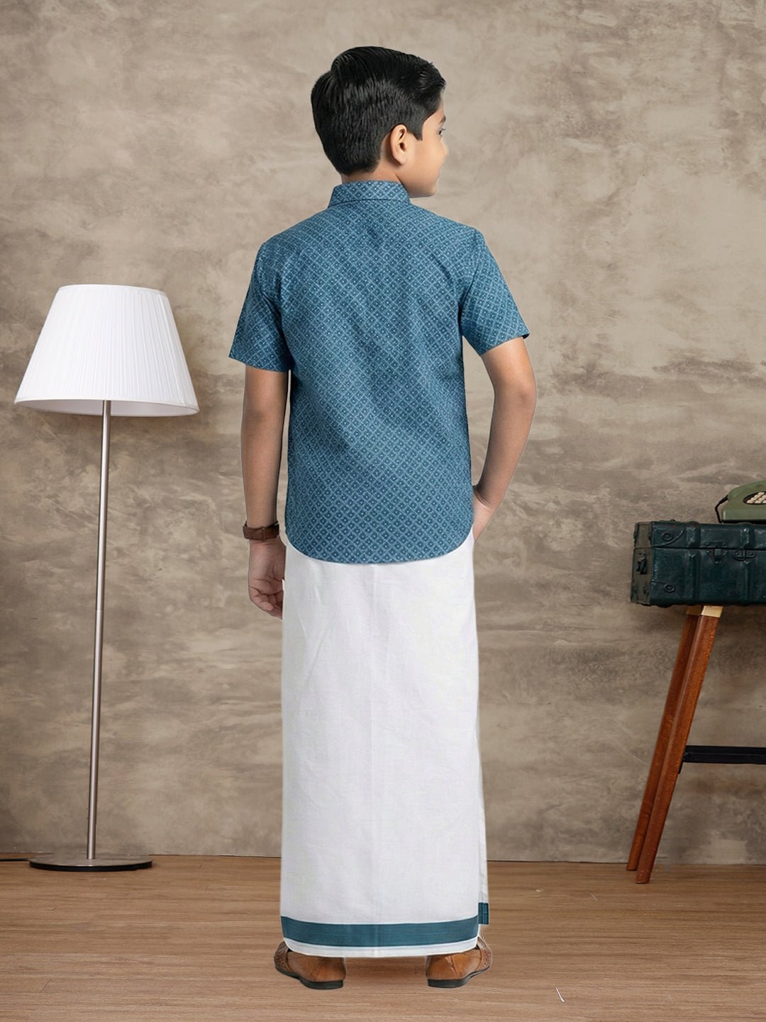 Boys Teal Blue Matching Border Dhoti With Printed Shirt Set Fusion PS27