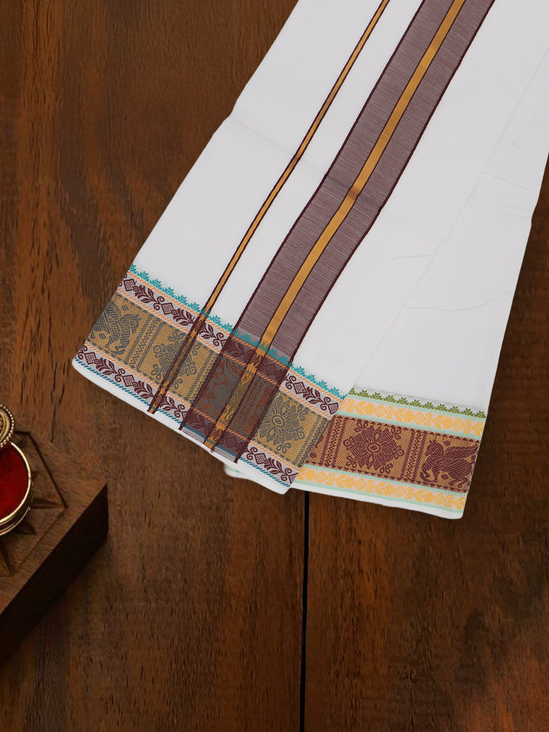 Men Cotton Brown Fancy Border Panchakacham with Angavasthram Vishvadeva (9+5) VD01