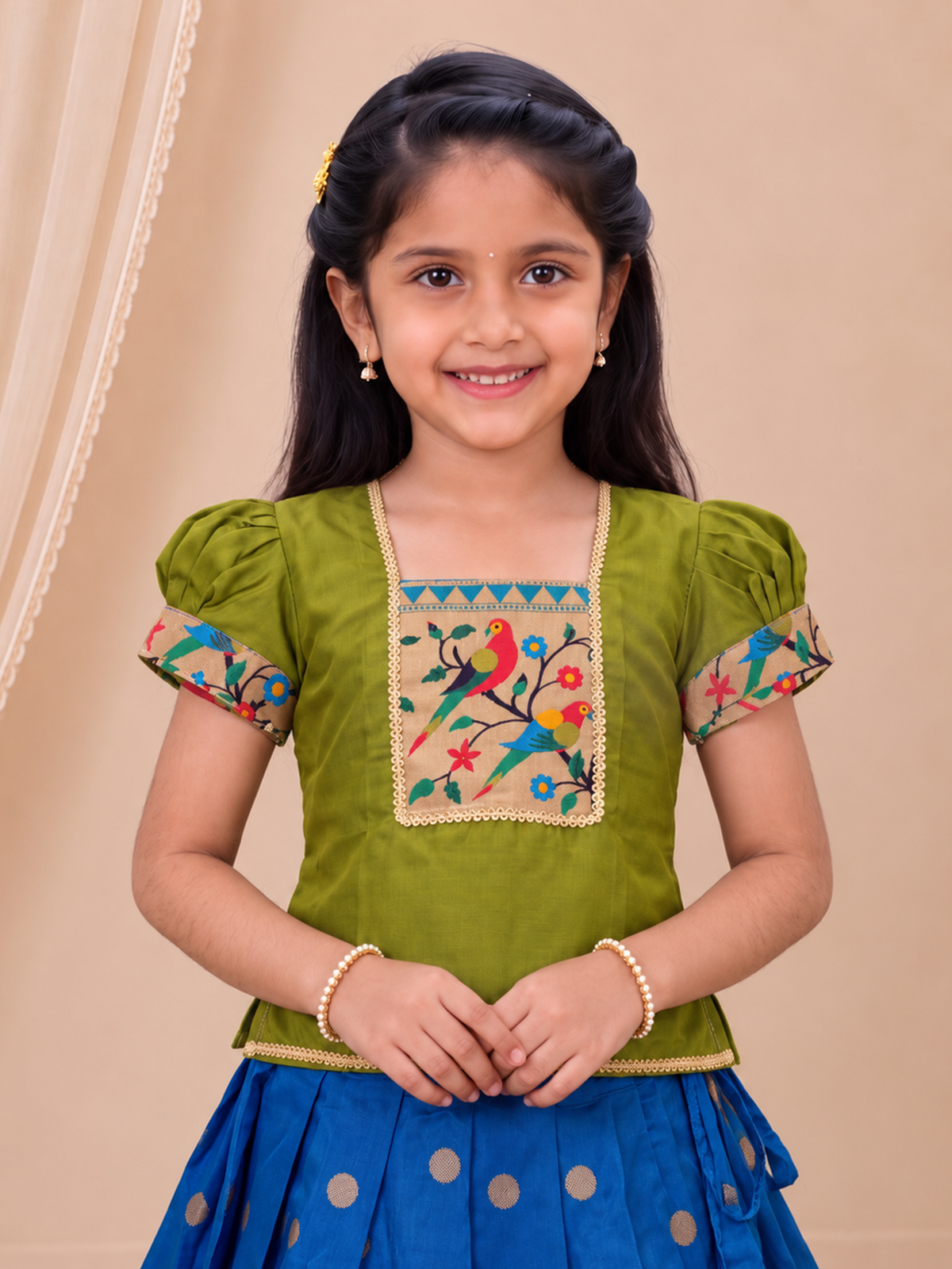 Girls Art Silk Green with Teal Blue Pattu Pavadai Set GPS76