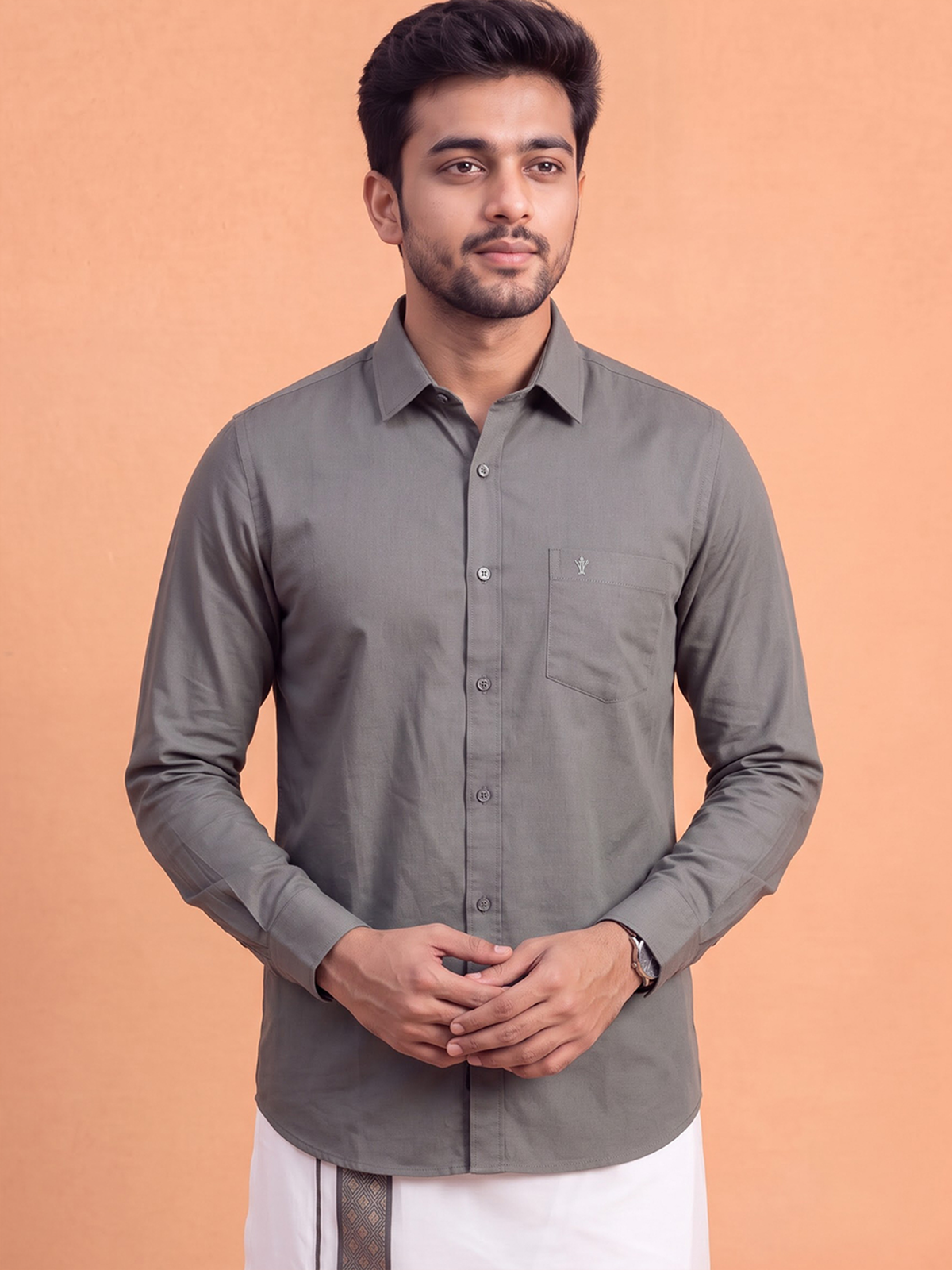 100% Cotton Shuttle Grey Shirt and Colour Jari Border Dhoti Set BT6