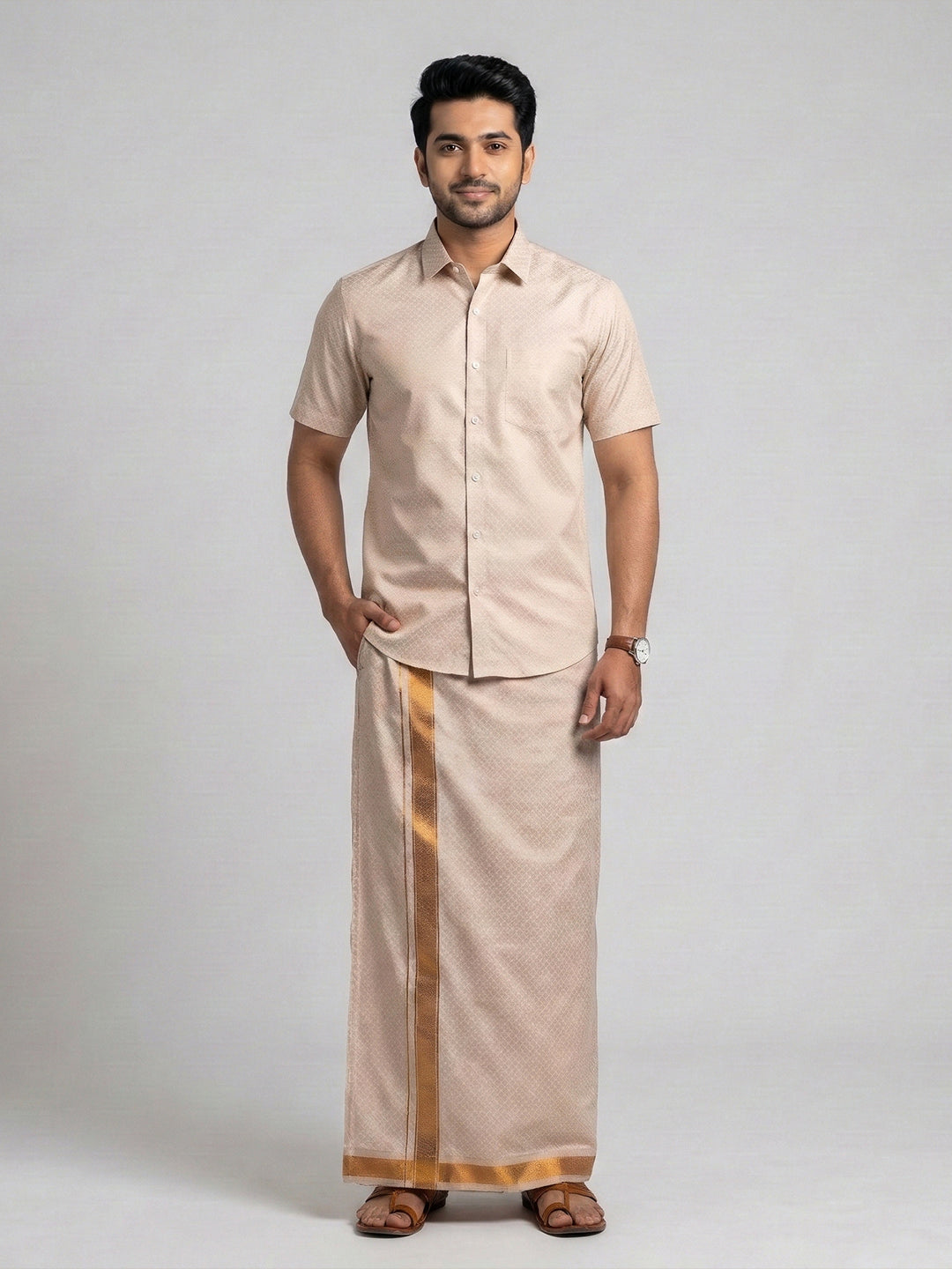 Men Copper Tissue Jacquard Shirt with Readymade Dhoti Set CD13