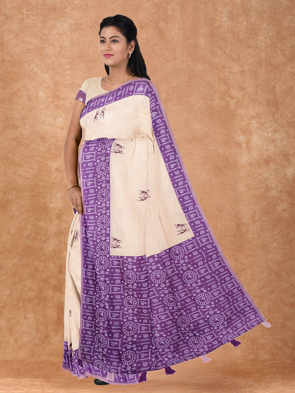 Women Semi Linen Printed Saree Sandal with Violet SL174