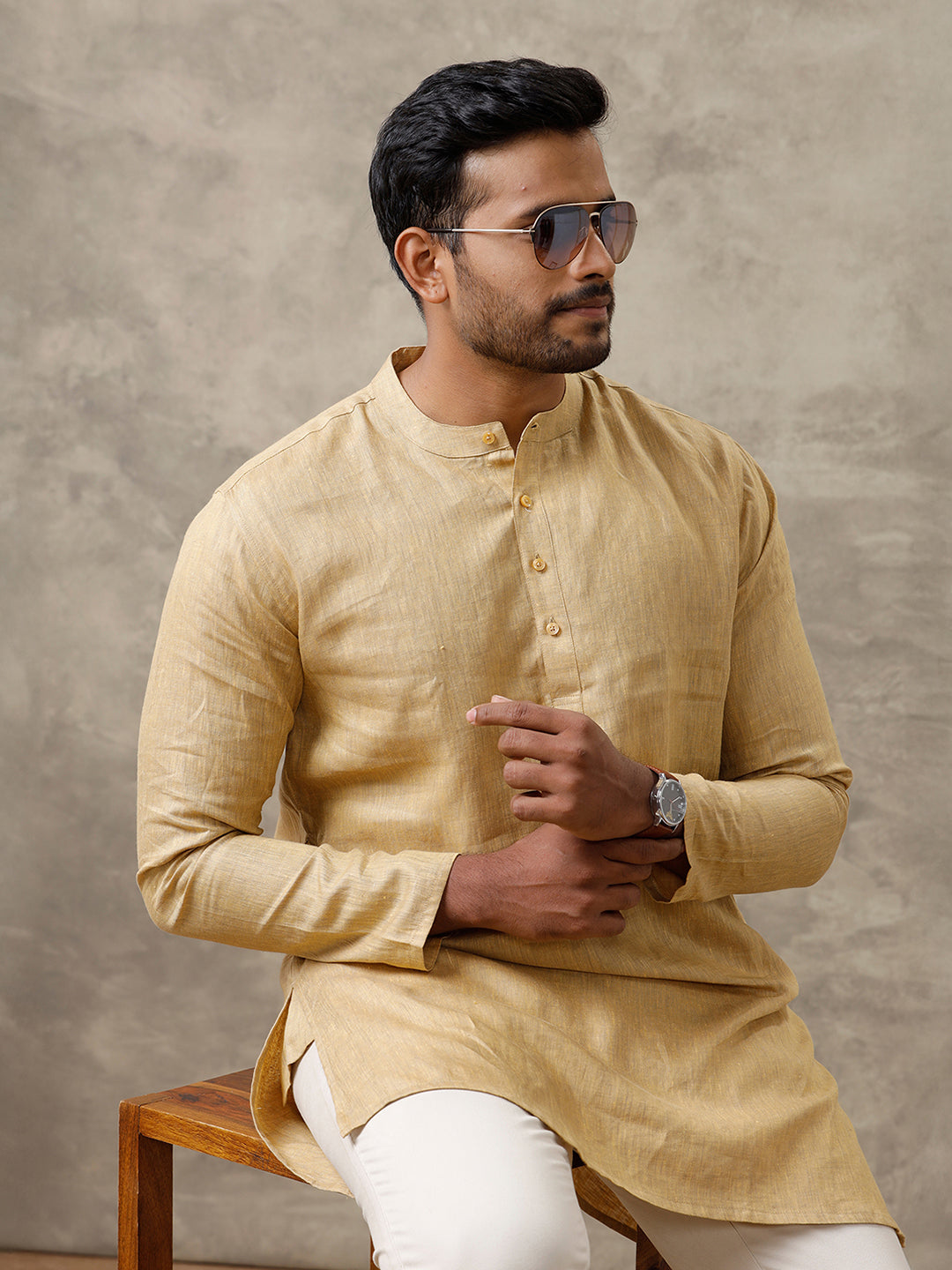 Men Linen Medium Length Kurta Mustard Yellow KAL20