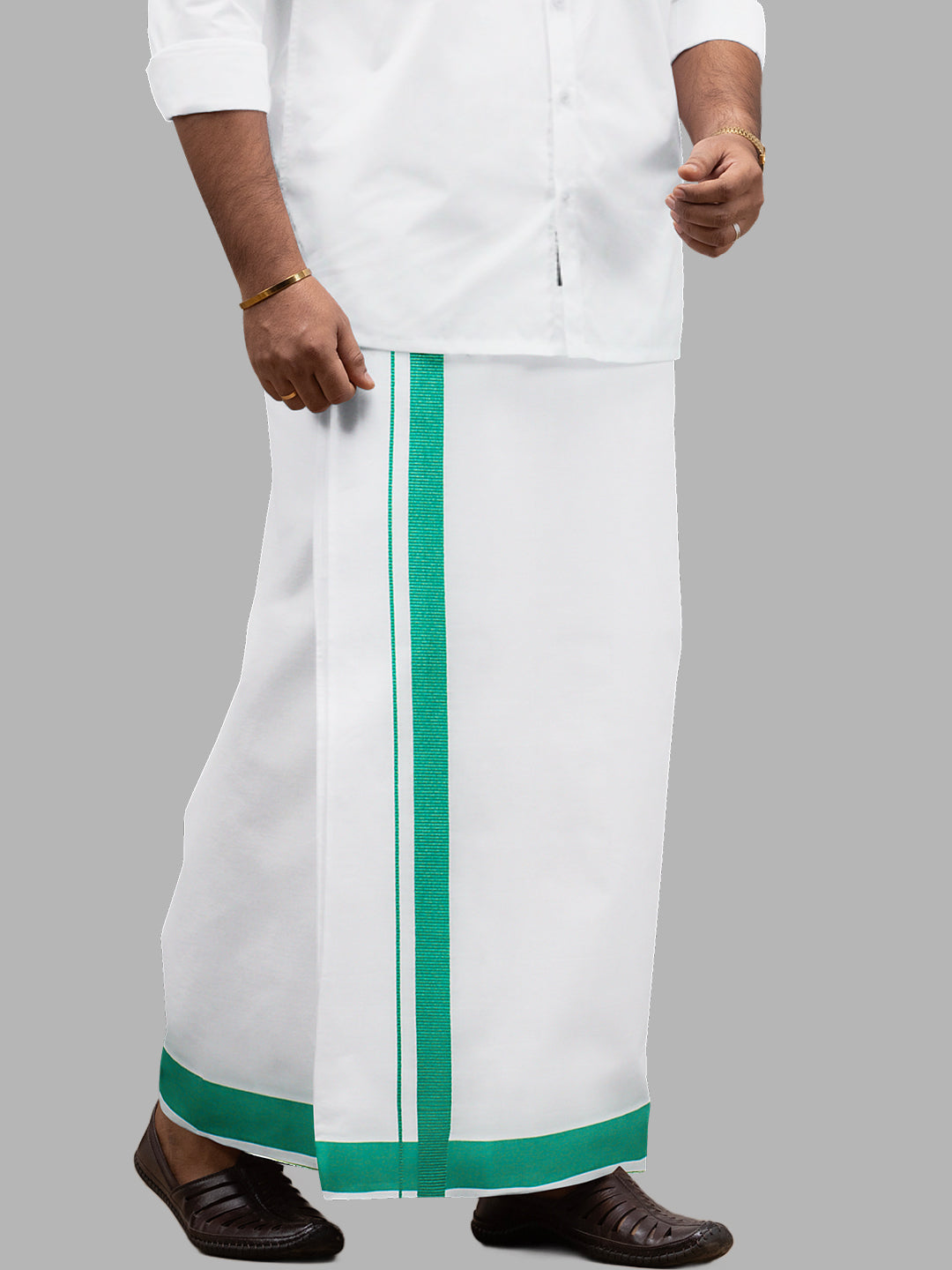 Men Cotton Blend Readymade Single Layer White Dhoti with Big Border GACS7