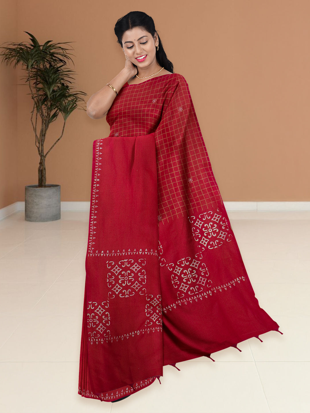 Women Red Cotton Saree with Double Blouse PCS212