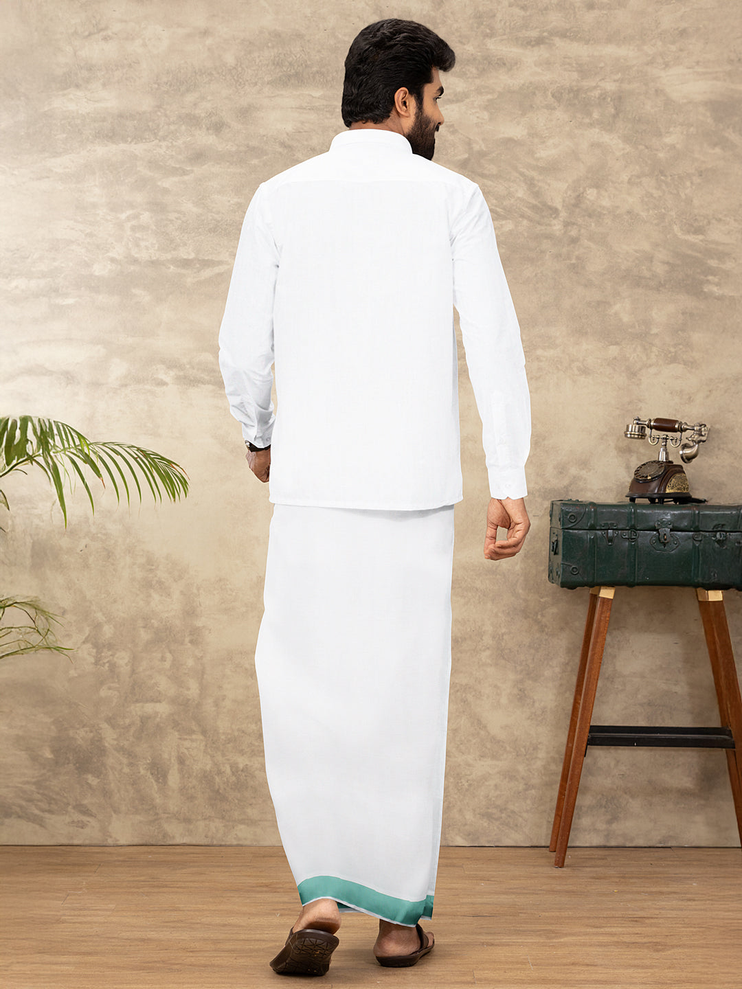 Men Cotton Blend Single Layer White Dhoti with Fancy Border WP24
