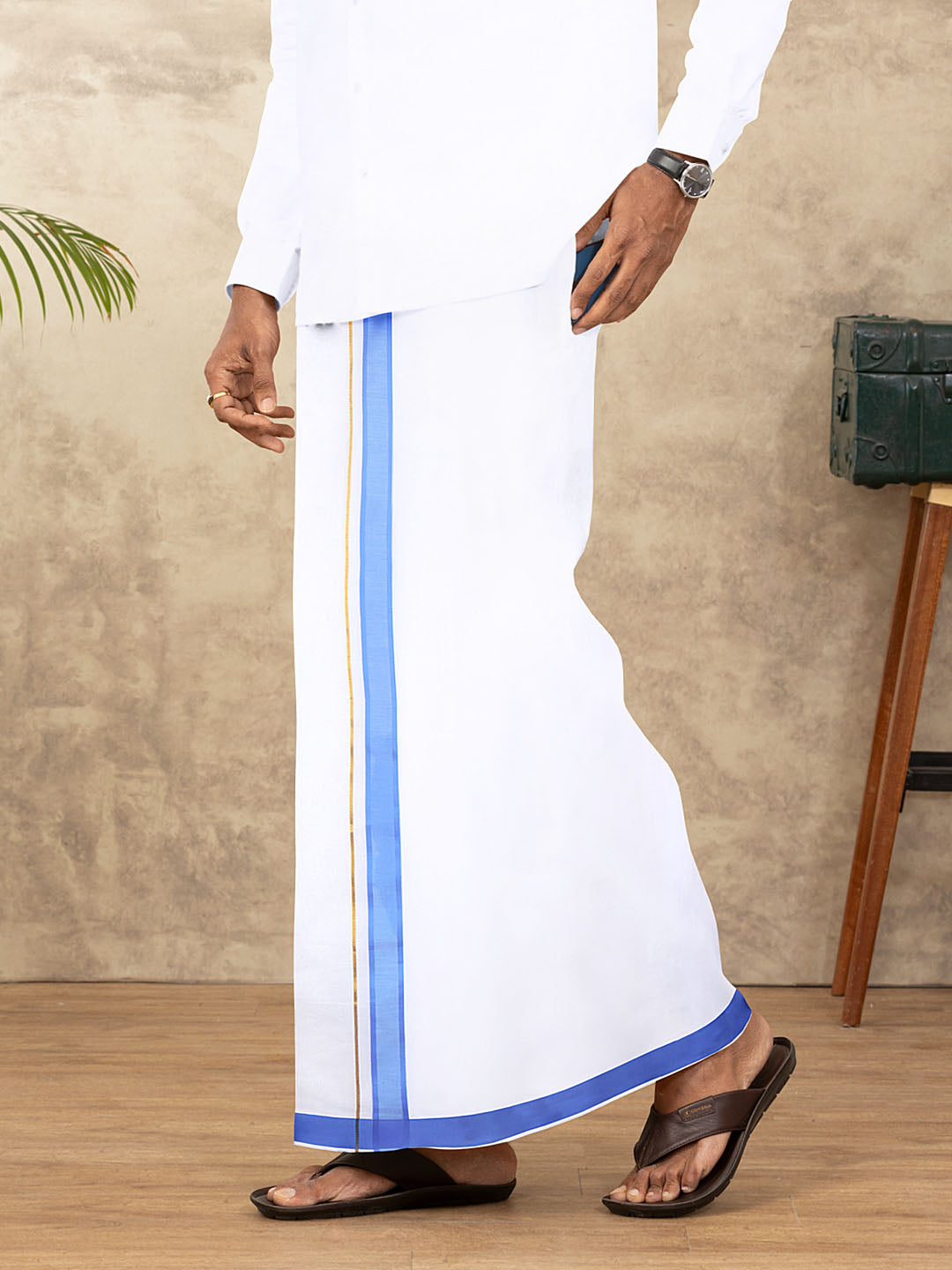 Men Cotton Blend Readymade Double Layer White Dhoti with Fancy Jari Border GFDA11