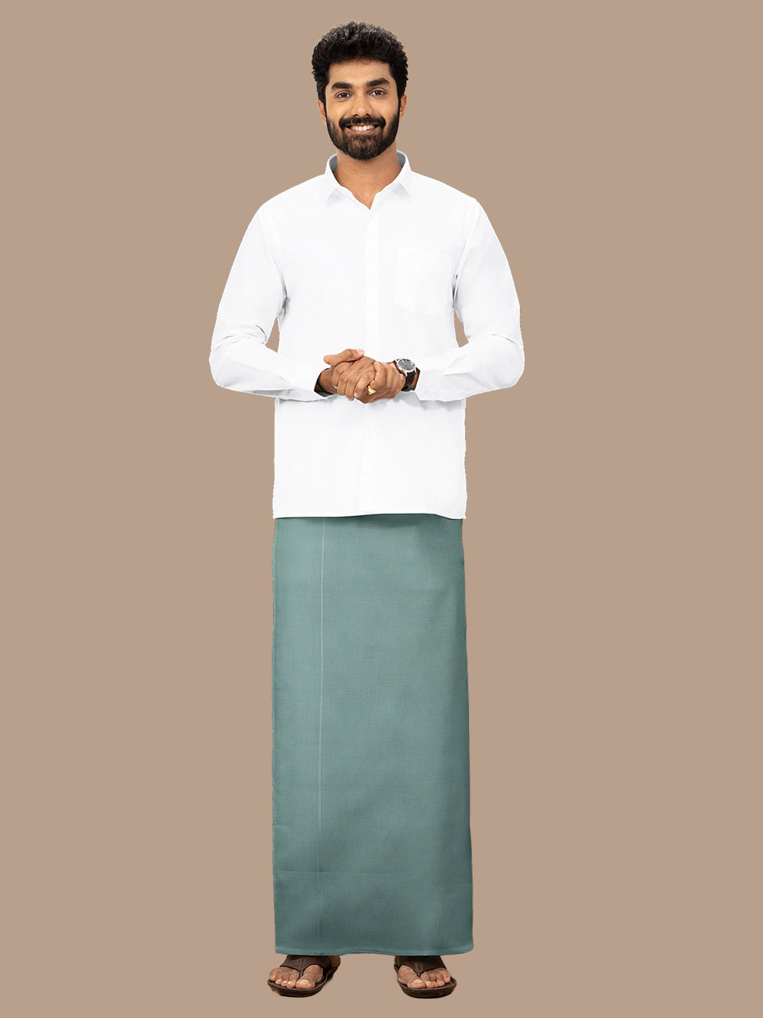 Men 100% Cotton Single Layer Cement Dhoti with Assorted Border Poojan Paramas